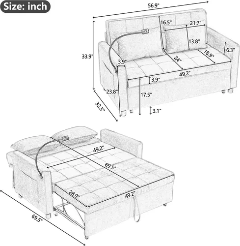 Vista 2 de Harper & Bright Designs Sofá cama convertible moderno de 56.9 pulgadas con un cojín de respaldo reversible, bolsillos laterales, dos puertos USB