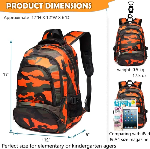 Vista 2 de BLUEFAIRY - Mochilas para niños y niñas, escuela primaria, secundaria y media mochilas para libros para niños de 6 a 8 años, NegroNaranja