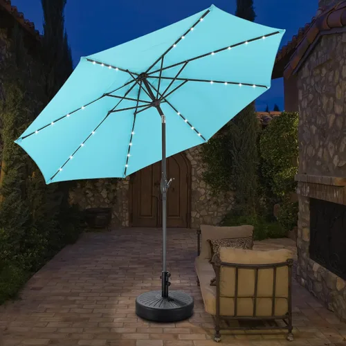 Vista 29 de Sombrilla solar de patio de 10 pies con base, 32 luces LED, sombrilla de mercado al aire libre con botón de inclinación y grietas para jardín Azul