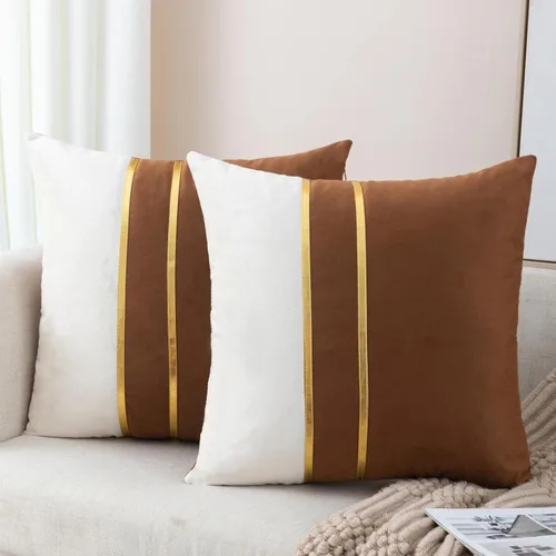 Vista 22 de ZLINA Juego de 2 fundas de almohada decorativas de terciopelo verde aguamarina y blanco con parches y cuero dorado de 16 × 16 pulgadas, fundas