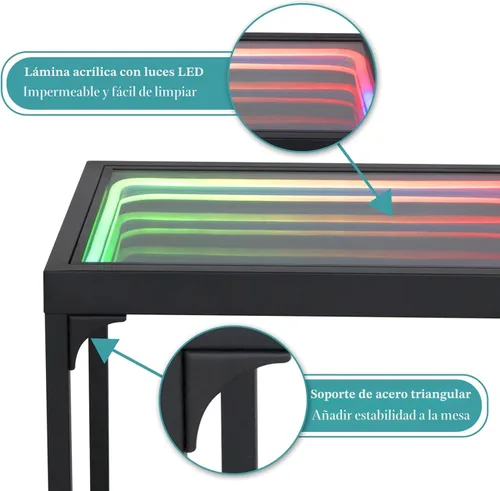 Vista 6 de FUSLITE Mesa de luz de espejo infinito, mesas de centro para sala de estar, con espejo de ilusión infinita 3D, mesa auxiliar RGB, con luz de túnel
