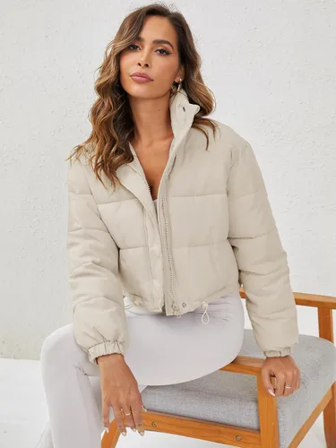 Vista 3 de Ogfao Chaqueta acolchada de manga larga para mujer, cuello alto, con cremallera, acolchada con cordón y bolsillos