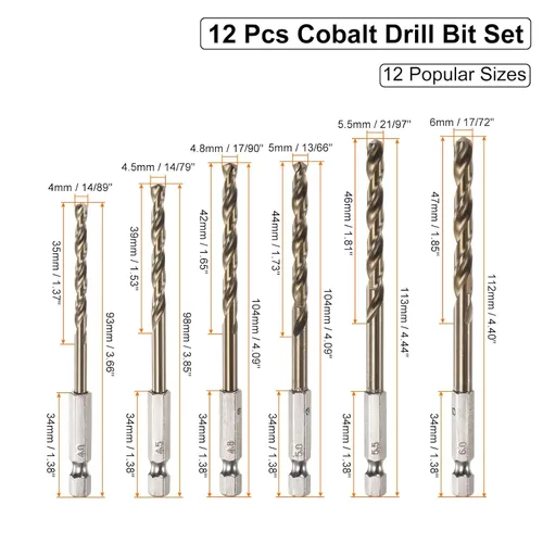Vista 3 de uxcell Juego de 12 brocas de cobalto, 12 tamaños de 1/9"-1/4" de diámetro de perforación M35, brocas hexagonales para acero, aluminio, cobre, acero