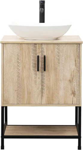 Vista 9 de UEV Tocador de Baño de Roble Rústico de 24" con Lavabo, Conjunto de Gabinete de Baño con Marco de Hierro Industrial con Puertas y Estante, con Combo