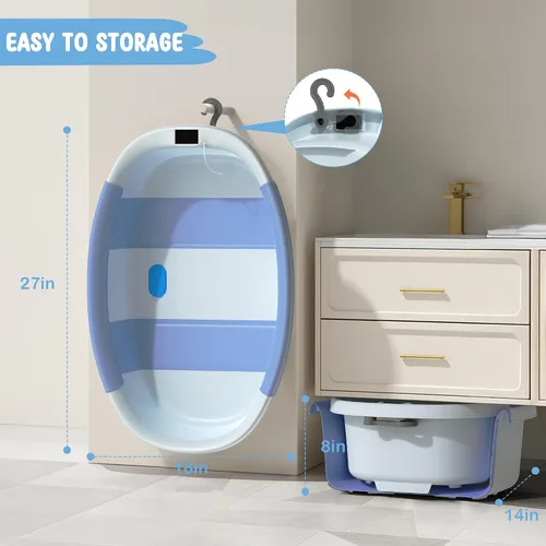 Vista 6 de TOSGN Bañera plegable para bebé, 3 segundos para instalar, bañera para bebé con cojín suave y termómetro, bañera para recién nacidos de 0 a 36 Azul
