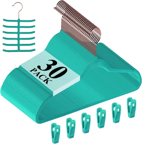 Vista 18 de VECELO Perchas de terciopelo de alta calidad resistentes (paquete de 30), antideslizantes y ahorran espacio con 6 clips para los dedos y soporte