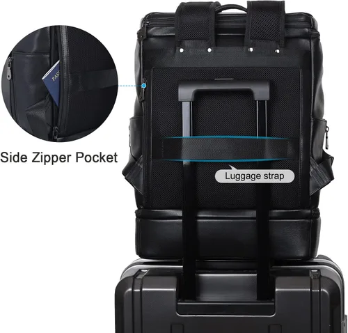 Vista 5 de TIDING Mochila de cuero genuino para hombre, bolsa de laptop de 15.6 pulgadas, mochila casual de viaje con compartimento para zapatos, Negro