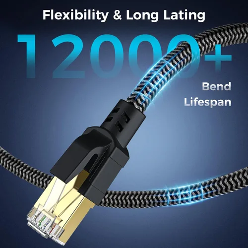 Vista 6 de Cable Ethernet Cat 8 de 1 pie, cable de internet trenzado de alta velocidad cable de red con conector RJ45 chapado en oro de 40 Gbps 2000 Mhz, cable