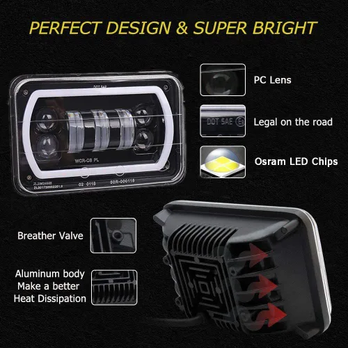 Vista 5 de 4 piezas de faros delanteros LED de 4x6 con anillo de halo blanco y amarillo, haz sellado alto y bajo, H4651 H6545 H4668 H4656, reemplazo de faros