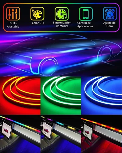 Vista 2 de Luces LED acrílicas para coche, tira de luz interior RGB de 43.3 pulgadas