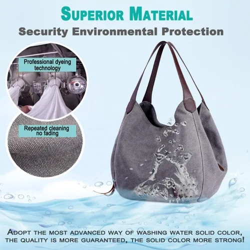 Vista 3 de DOURR Bolso de hombro con múltiples bolsillos para mujer, bolso de lona de algodón de moda