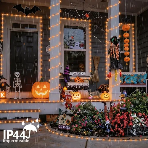 Vista 5 de YEGUO Luces naranjas para Halloween, paquete de 2 cuerdas de 100 luces LED de 33 pies cada uno, 8 modos de luces de hadas en tubo transparente