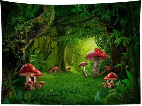 Vista 13 de HVEST Tapiz retro rojo de hongos para colgar en la pared, diseño floral rosa con fresa y mariposa en beige, tapiz para dormitorio, flores, plantas
