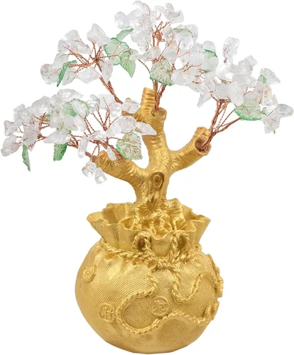 Vista 8 de Rockcloud Árbol de dinero de cristal con bolsa de dinero dorada, decoración de gabinete de Feng Shui para riqueza y suerte, adorno de bonsái
