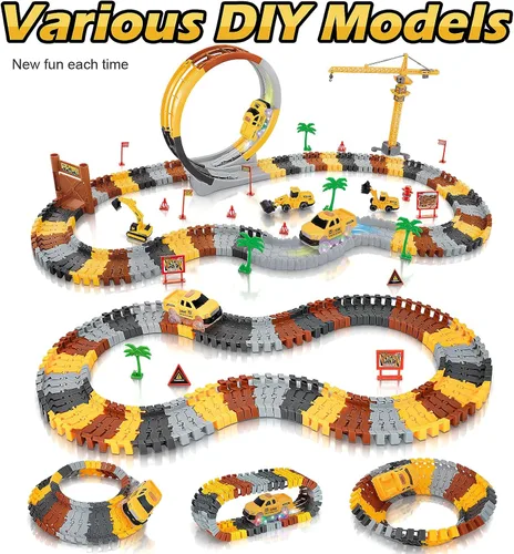 Vista 5 de 157 pistas de carreras de construcción para niños, juego de juguetes mágicos que brillan en la oscuridad con rampa de bucle de 360°, 1 auto