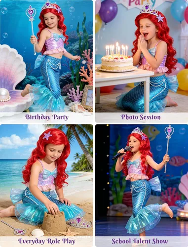 Vista 6 de G.C Disfraz de sirena para niñas de 2 a 7 años, fiesta de princesa, Halloween, cumpleaños, cosplay