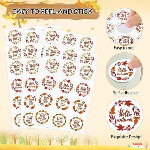 Vista 3 de Lucleag Calcomanías de Hello Fall para niños, calcomanías de corona de hojas de otoño, calcomanías de otoño para sellos de sobres de dulces