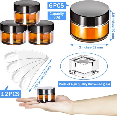 Vista 2 de 6 Pack de tarros de vidrio ámbar de 1 oz con tapas, tarros pequeños de vidrio de 1 onza con tapas y forros interiores, tarros redondos transparentes