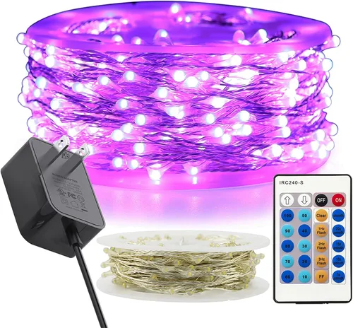 Vista 10 de RUICHEN Luces de hadas moradas regulables enchufables, 33 pies, 100 luces LED parpadeantes con control remoto, luces de alambre plateado