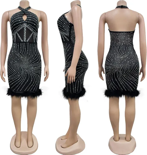 Vista 5 de PORRCEY Vestidos de noche para mujer, sexy, elegante, con diamantes de imitación, sin mangas, para fiesta, club, perforación en caliente