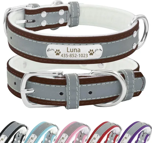 Vista 23 de Collar de perro de cuero reflectante personalizado con forro cálido, collar de perro personalizado con placa de nombre grabada para perros y gatos