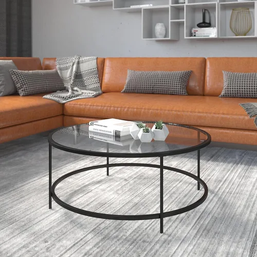 Vista 2 de Flash Furniture Astoria Collection - Mesa de centro redonda, moderna mesa de centro de cristal transparente, marco dorado mate