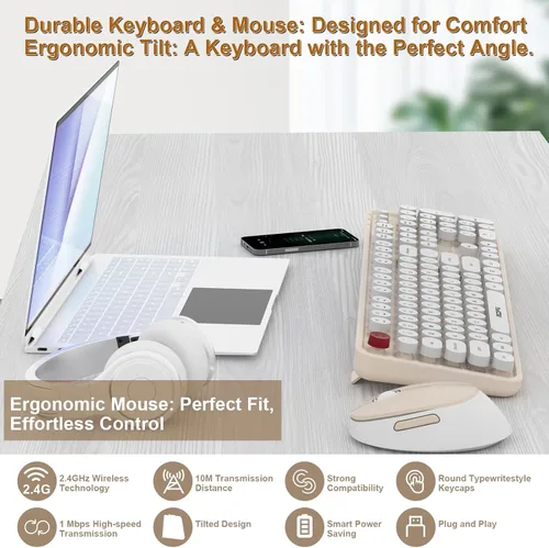 Vista 2 de MOFII - Combo de teclado y mouse inalámbricos, 104 teclas redondas retro de tamaño completo, teclados ergonómicos y mouse inalámbricos para Windows