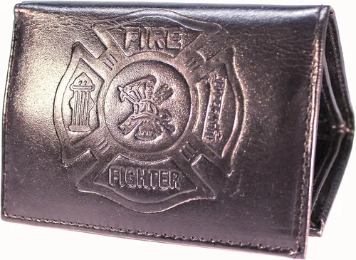 Vista 4 de Fire Fighter Cartera de cuero en relieve Trifold - Negro, Negro