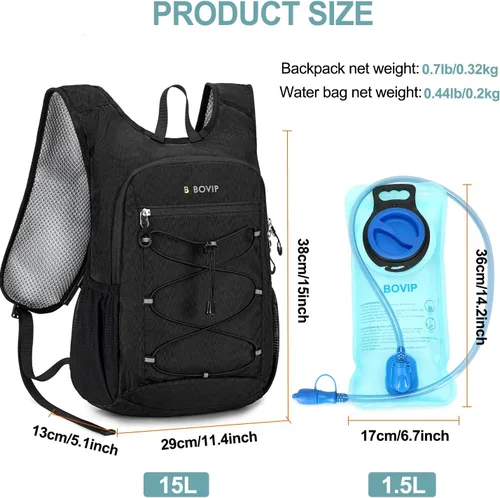Vista 3 de BOVIP Mochila de hidratación ligera, mochila de senderismo multiusos de 15 litros con bolsa de agua de 1.5 L, mochila de agua hidráulica