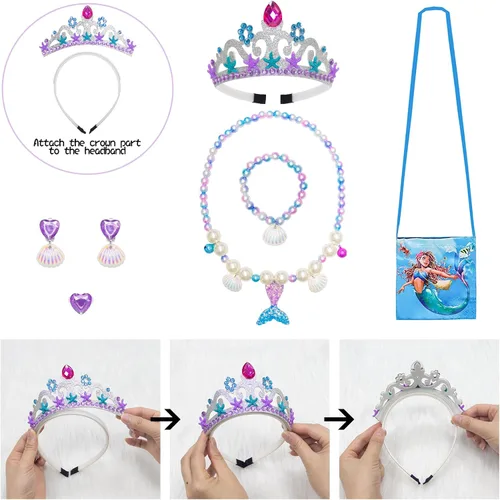 Vista 3 de ADREIT Conjunto de disfraz de sirena de cumpleaños para niñas con collar de corona, vestido de tutú arcoíris para fiesta de cumpleaños de Halloween