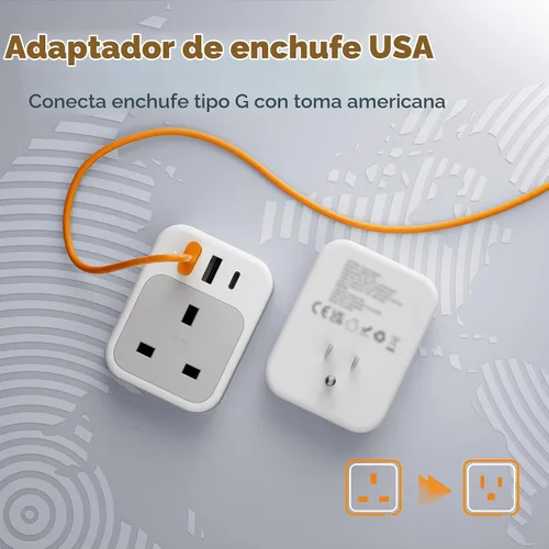 Vista 2 de TESSAN - Adaptador de viaje de Reino Unido a EE. UU. con salida de CA 3 USB (1 USB C)