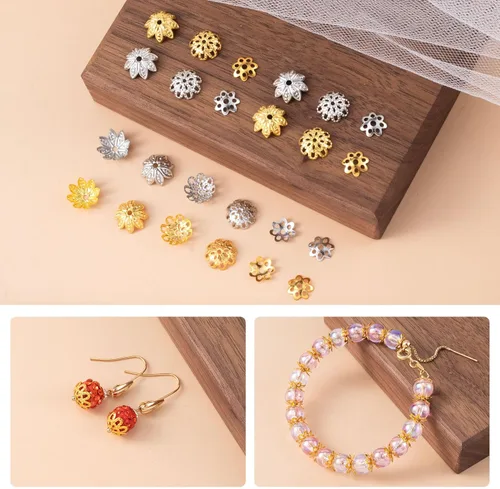 Vista 5 de HINZIC 600 cuentas de flores huecas de 0.315 y 0.394 pulgadas, 6 estilos de cuentas de filigrana para hacer joyas, cuentas espaciadoras doradas