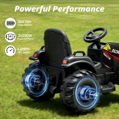 Vista 3 de Hikiddo Juguete tractor de paseo para niños de 24 V, tractor eléctrico para niños de 3 a 8 años con remolque, motores de 2 x 200 W, color negro