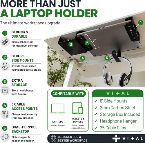 Vista 3 de VI+AL Soporte para laptop debajo del escritorio - Estante oculto de metal con almacenamiento lateral, gancho y organizador de cables - Se instala