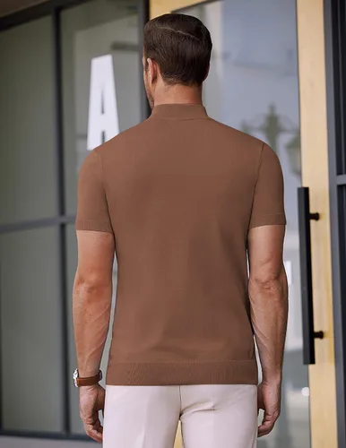 Vista 7 de COOFANDY Suéter de cuello alto falso para hombre, de manga corta, color sólido, básico, ajustado, de punto