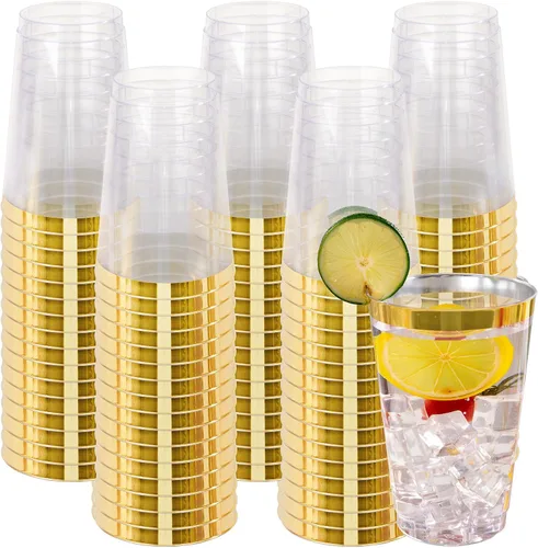 Vista 13 de I00000 Paquete de 100 vasos de plástico dorados de 14 onzas, vasos desechables de plástico con purpurina dorada, copas de vino desechables, copas