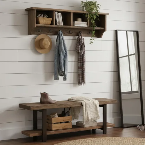 Vista 13 de Alaterre Furniture Perchero Industrial Pomona de 48 Pulgadas Montado en Pared con 6 Ganchos Resistentes y 4 Compartimentos Abiertos, Organizador