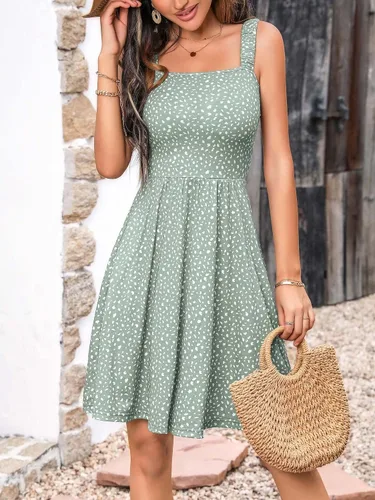 Vista 3 de HUHOT - Vestido casual de verano para mujer, con cuello cuadrado y bolsillo, bonito vestido por debajo de la rodilla, sin mangas, con cintura alta