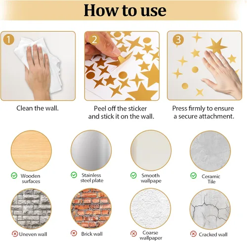 Vista 9 de Calcomanías de pared vintage con estrellas doradas, 5 hojas, 210 unidades, calcomanías con estrellas y puntos, calcomanías de arte de pared