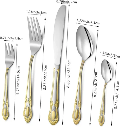 Vista 2 de Coume - Juego de 40 cubiertos dorados y plateados para 8 cucharas, tenedores y cuchillos de acero inoxidable, juego de utensilios dorados