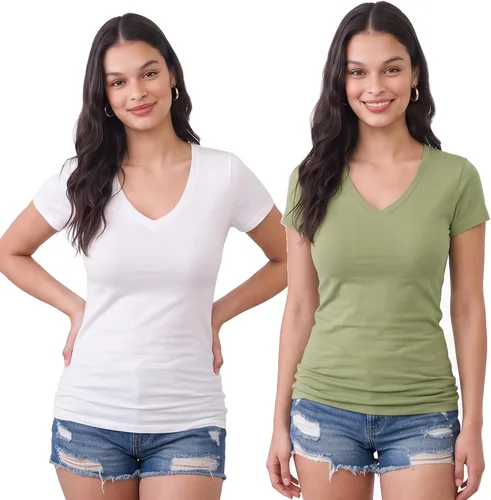 Vista 107 de Emmalise Camiseta de manga corta para mujer, cuello en V, tallas junior y plus