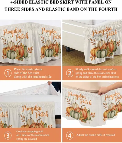 Vista 5 de Falda de cama con parches de calabazas, tamaño Queen de 16 pulgadas de caída, ajustable y elástica, plisada, con volantes de polvo de lujo para cama