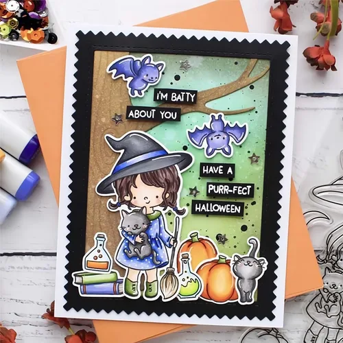 Vista 3 de Juego de sellos y troqueles de Halloween Witch Happy Haunting para hacer tarjetas, sellos transparentes y troqueles de corte de metal para álbumes 01