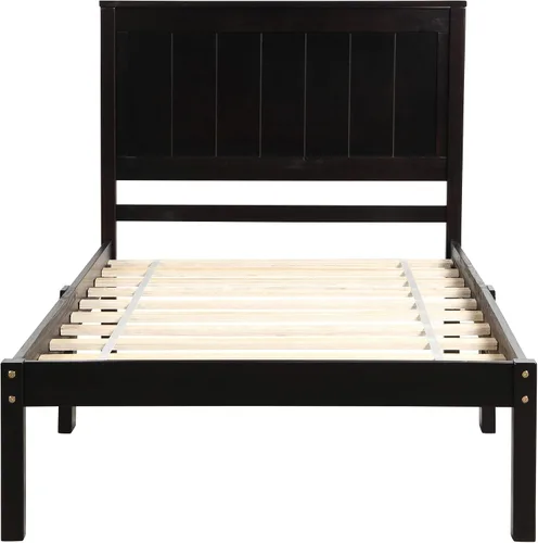 Vista 6 de P PURLOVE Marco de cama individual, cama de plataforma de madera maciza con cabecero, no necesita somier, espresso