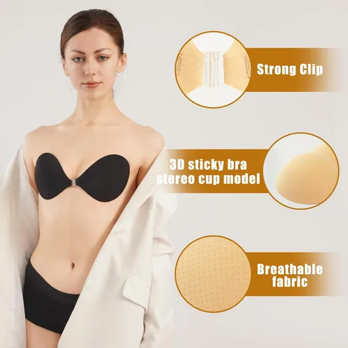 Vista 5 de FlexaStick Sticky Push up Bra, Invisible Strapless Bras for Backless Dresses with Reusable Adhesive & Nipple Covers (2 Pairs)