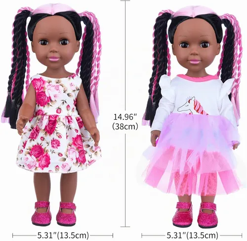 Vista 3 de ZNTWEI Muñeca de bebé negra de 14.5 pulgadas y conjunto de accesorios de ropa. Muñeca de bebé afroamericana de cabello trenzado hecha a mano.