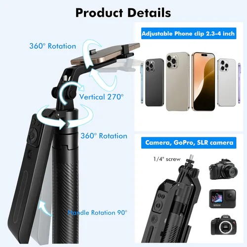 Vista 5 de Trípode para selfie stick de seguimiento automático con luz de llenado, rotación de 360 grados y control de gestos, trípode para selfie stick