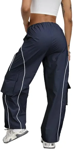 Vista 2 de FENGQIYUNHAI Y2K - Pantalones deportivos de paracaídas para mujer, de tiro bajo, holgados, de pierna ancha, pantalones cargo para mujer