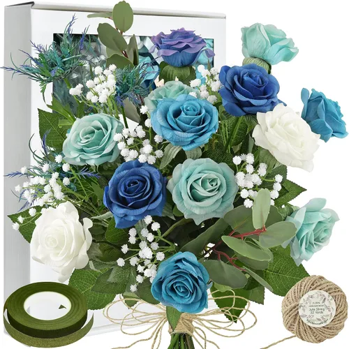 Vista 10 de FiveSeasonStuff 12 tallos de flores artificiales azul hielo, rosas de seda de tacto real para decoración de boda, en caja de regalo Azul helado