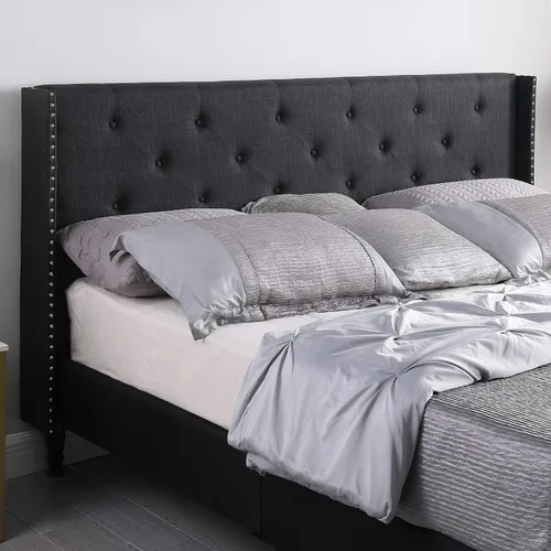 Vista 3 de Base de cama de plataforma tapizada tamaño King con cabecera de 45 pulgadas y base ajustable, cama de lino copetuda con botones, soporte de listones